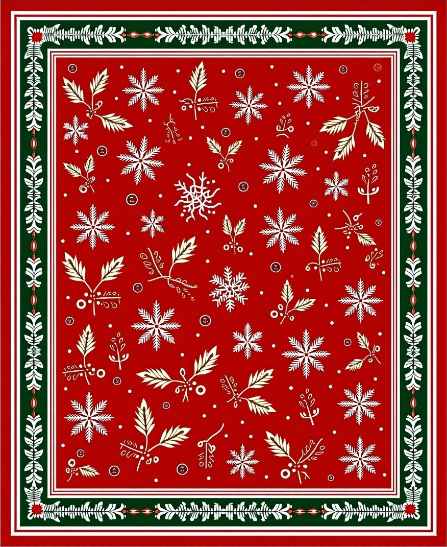 Red White Gold Snowflake Holly Border Rug