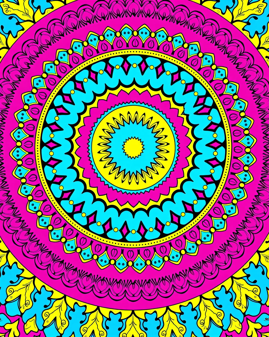Vibrant Pink Yellow Blue Medallion Art Rug
