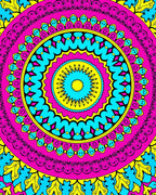 Vibrant Pink Yellow Blue Medallion Art Rug