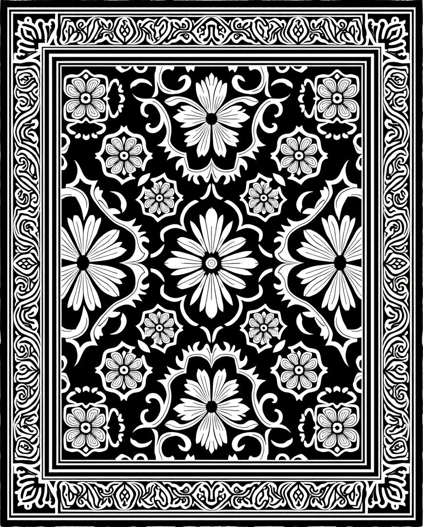 Classic Black White Floral Garden Rug