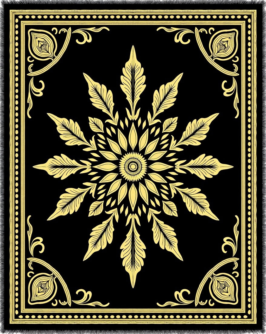 Golden Floral Medallion Black Rug