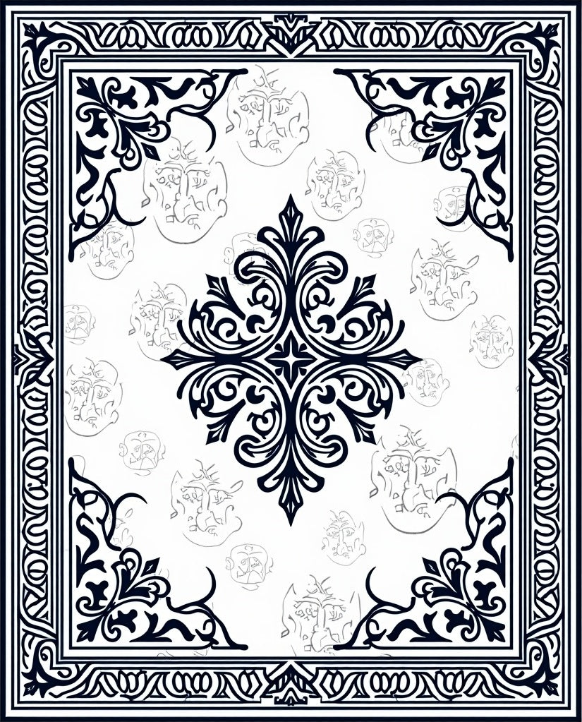 Black White Ornate Portrait Scroll Rug