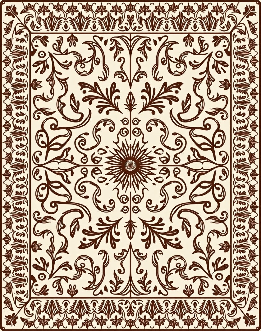 Ornate Brown Floral Scroll Medallion Rug