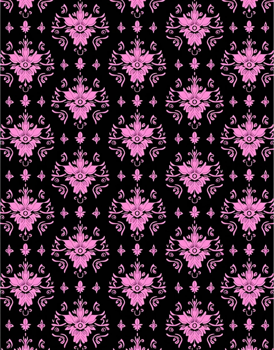 Pink Floral Damask Black Background Rug
