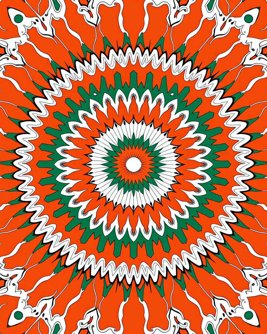 Vibrant Orange Green Sunburst Mandala Rug
