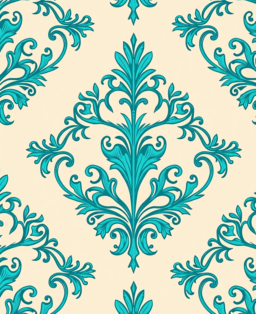 Turquoise Baroque Foliage Cream Background Rug