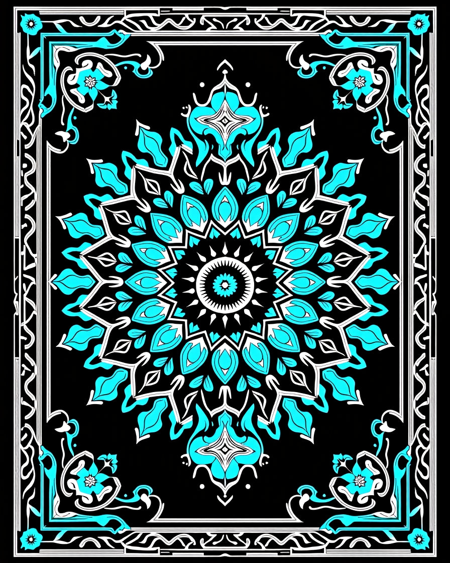 Black Teal Mandala Floral Border Rug