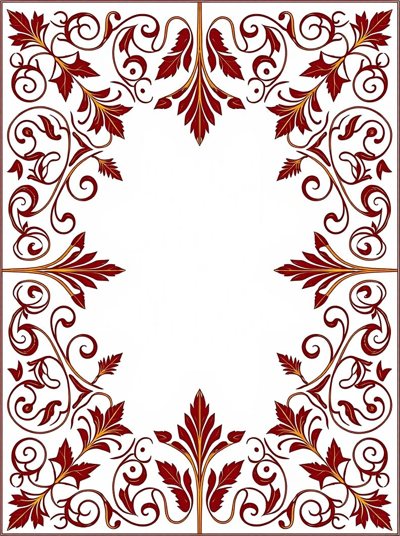 Dark Red Leaf Scroll Vine Border Rug