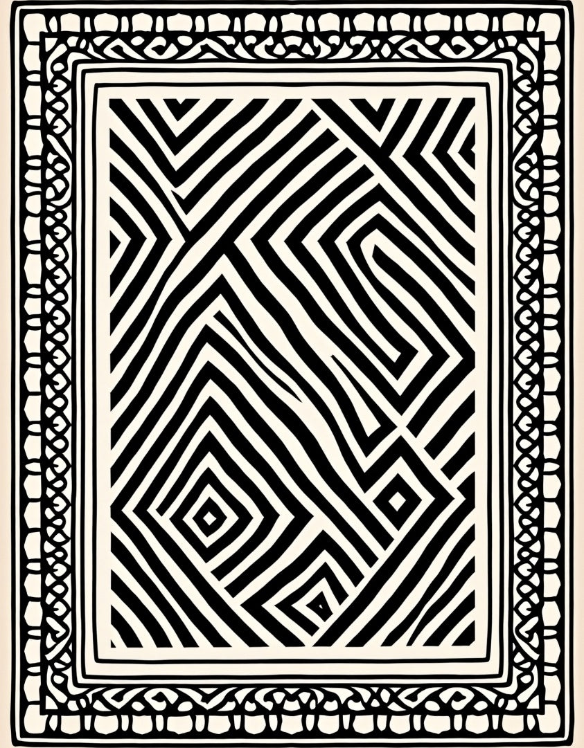 Black White Contemporary Geometric Maze Rug
