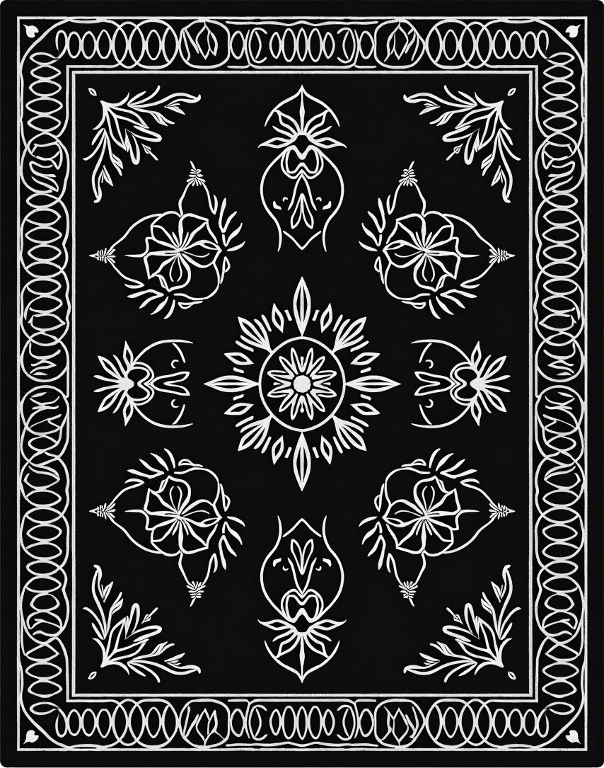 Black White Floral Medallion Arrangement Rug