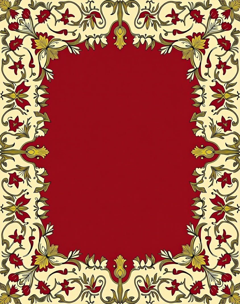 Crimson Leaf Scrolls Border Rug