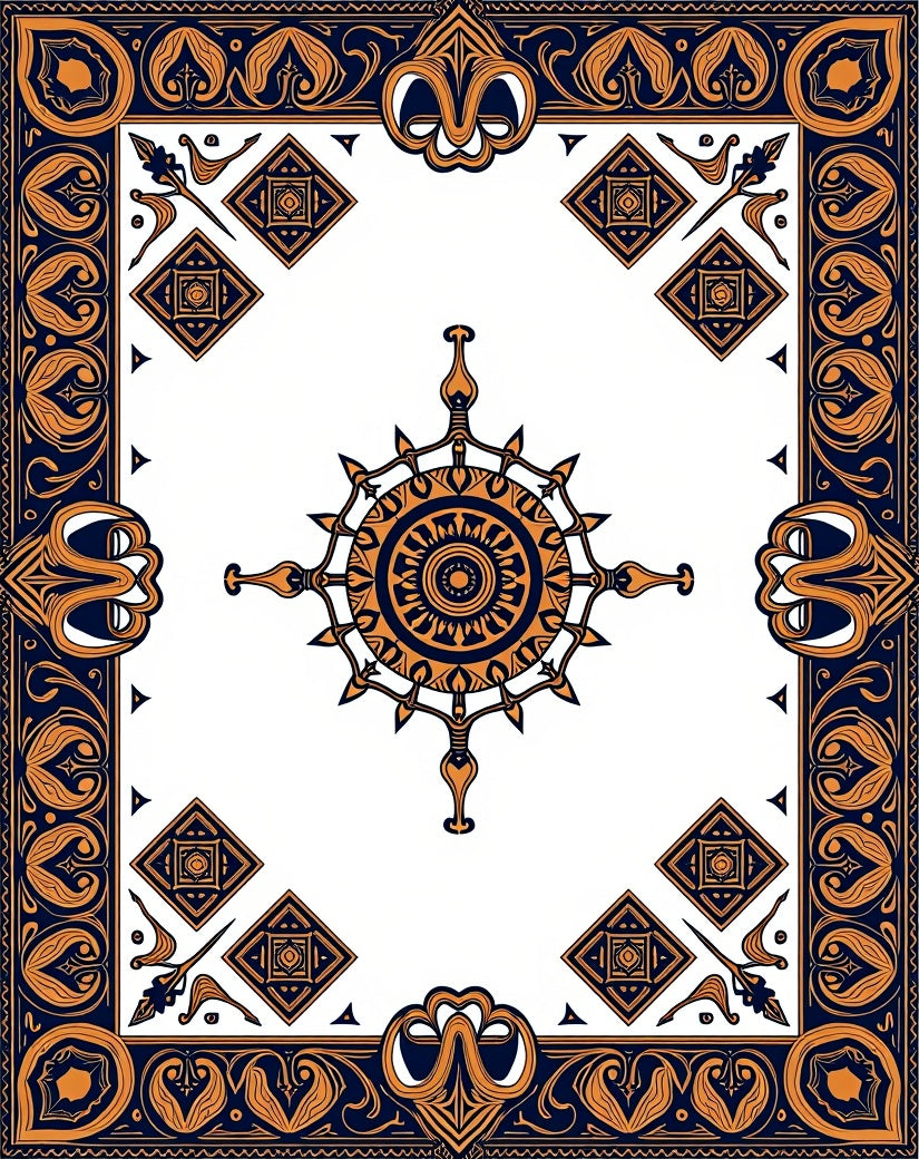 Ornate Navy Gold Medallion Scroll Rug