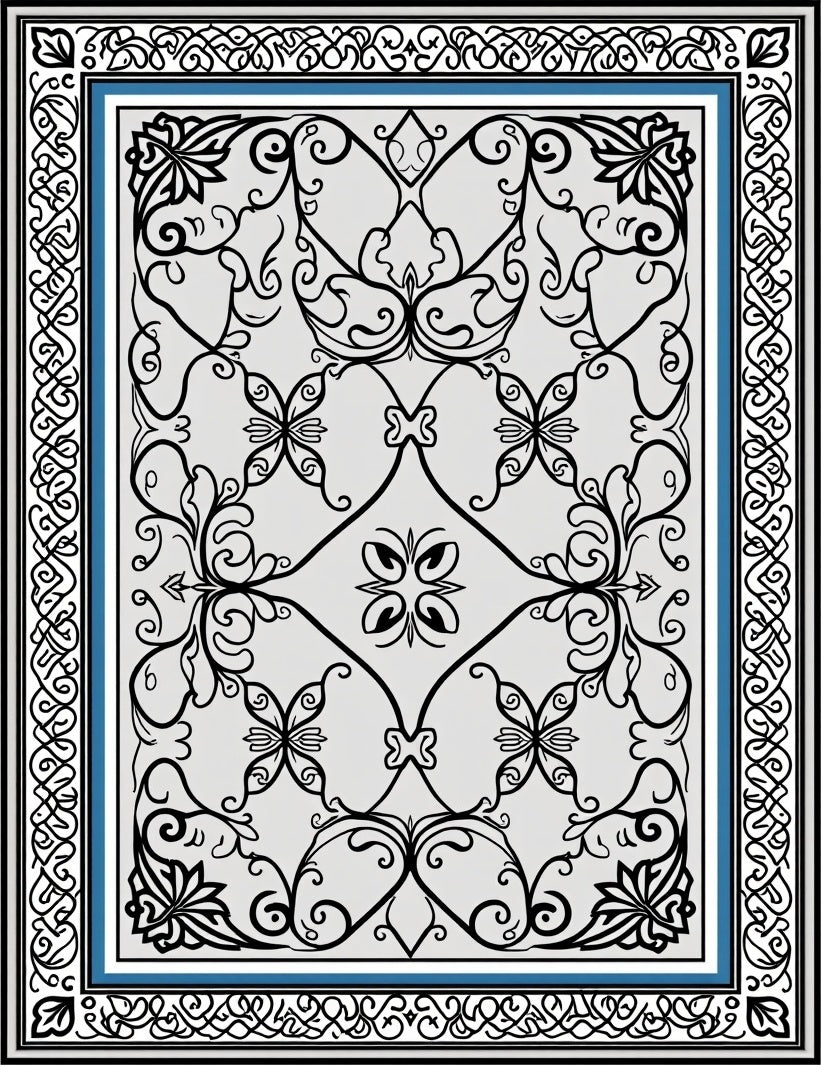 Classic Black White Blue Floral Scroll Rug