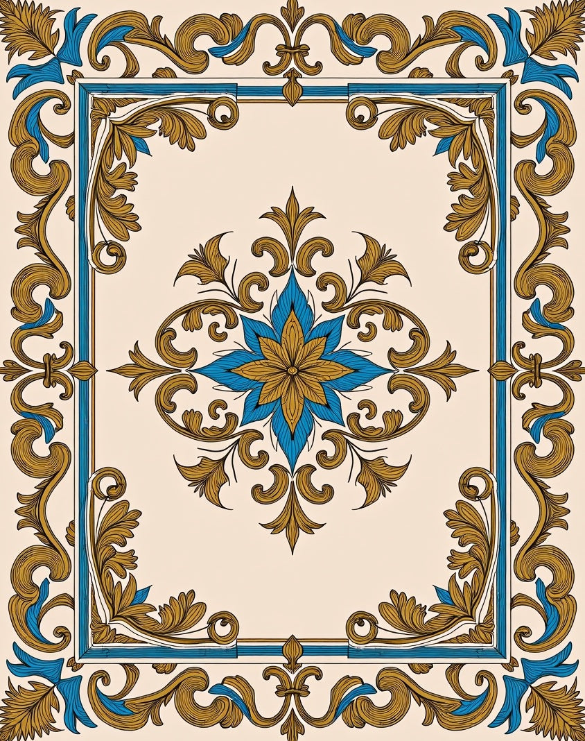 Ornate Gold Blue Floral Border Medallion Rug
