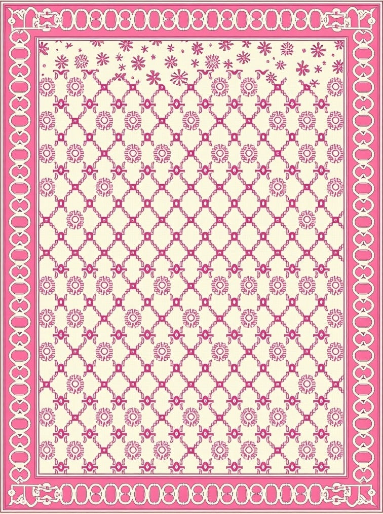 Pink Floral Lattice Cream Rug