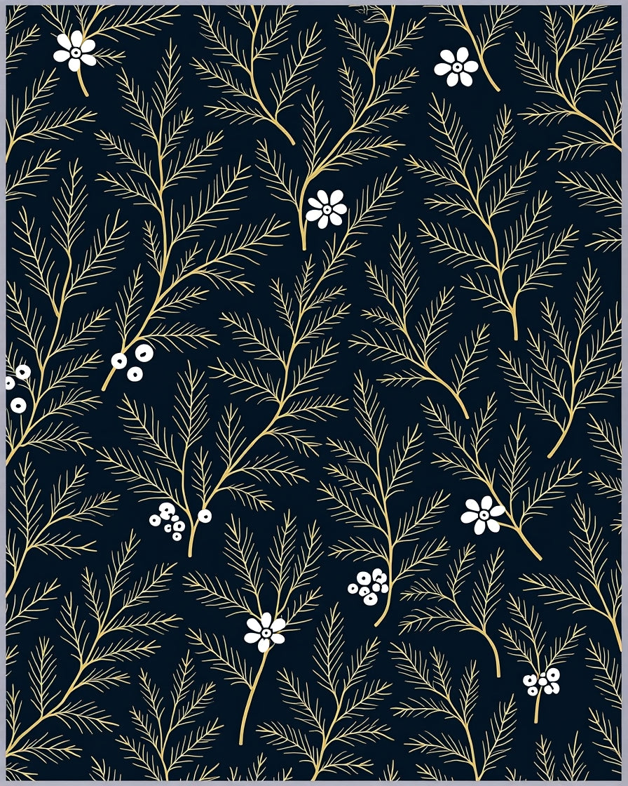 Deep Navy White Floral Branch Rug