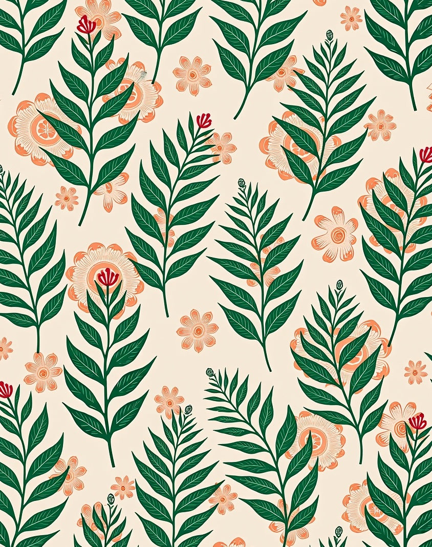 Cream Coral Green Fern Blossom Flourish Rug