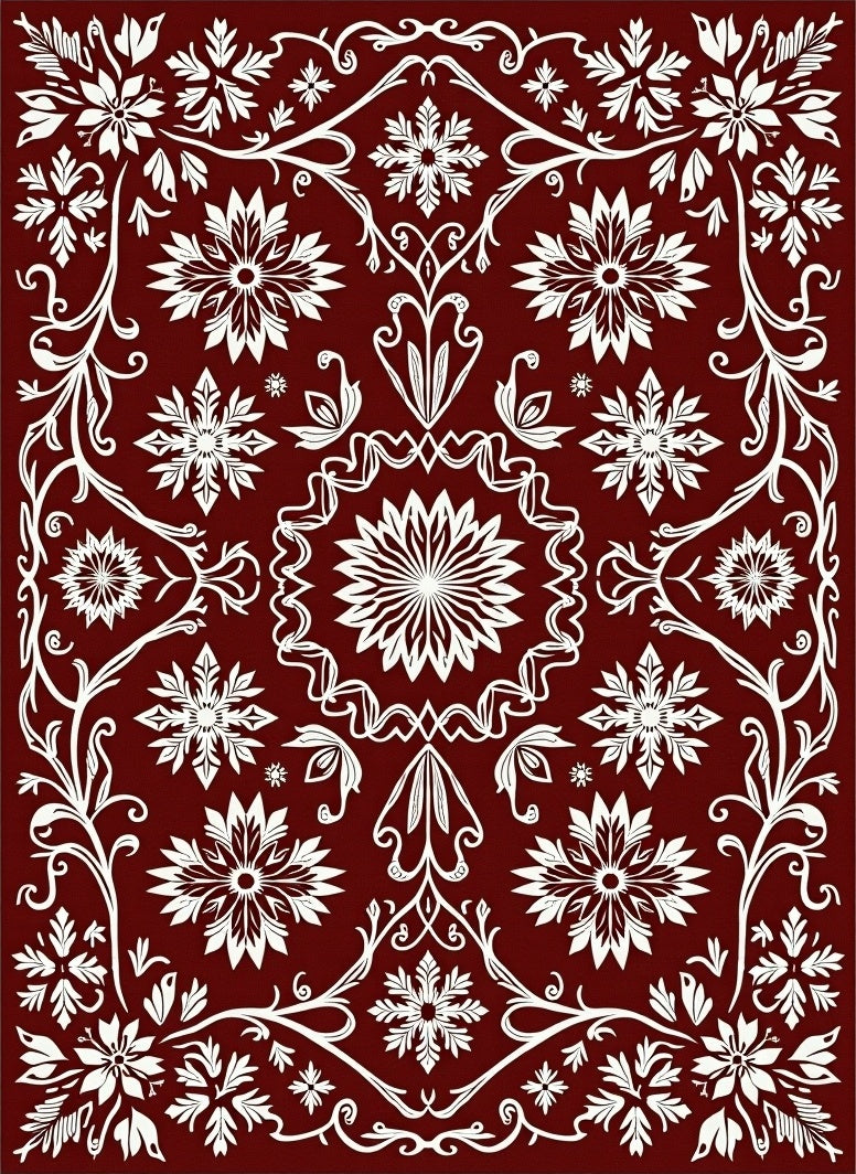 Crimson White Floral and Leafy Vine Rug