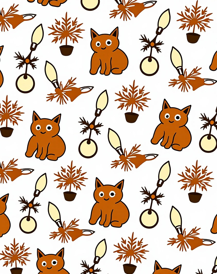 Brown Cat Plant Lamp Ensemble Rug