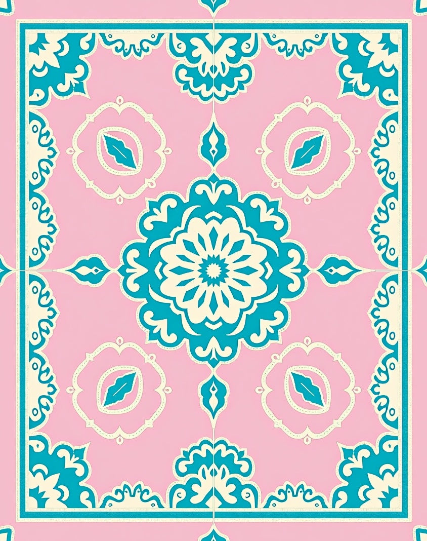 Pink Teal Medallion Ornate Tile Rug