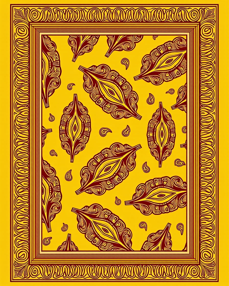 Golden Yellow Paisley Leaf Border Rug