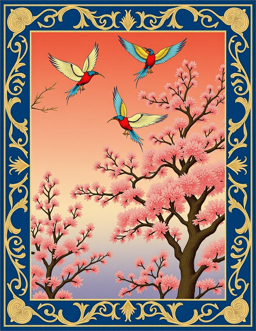 Golden Blossom Birds Cherry Sky Rug