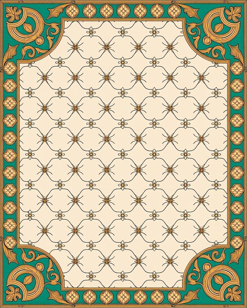 Ornate Teal Gold Courtly Lattice Rug