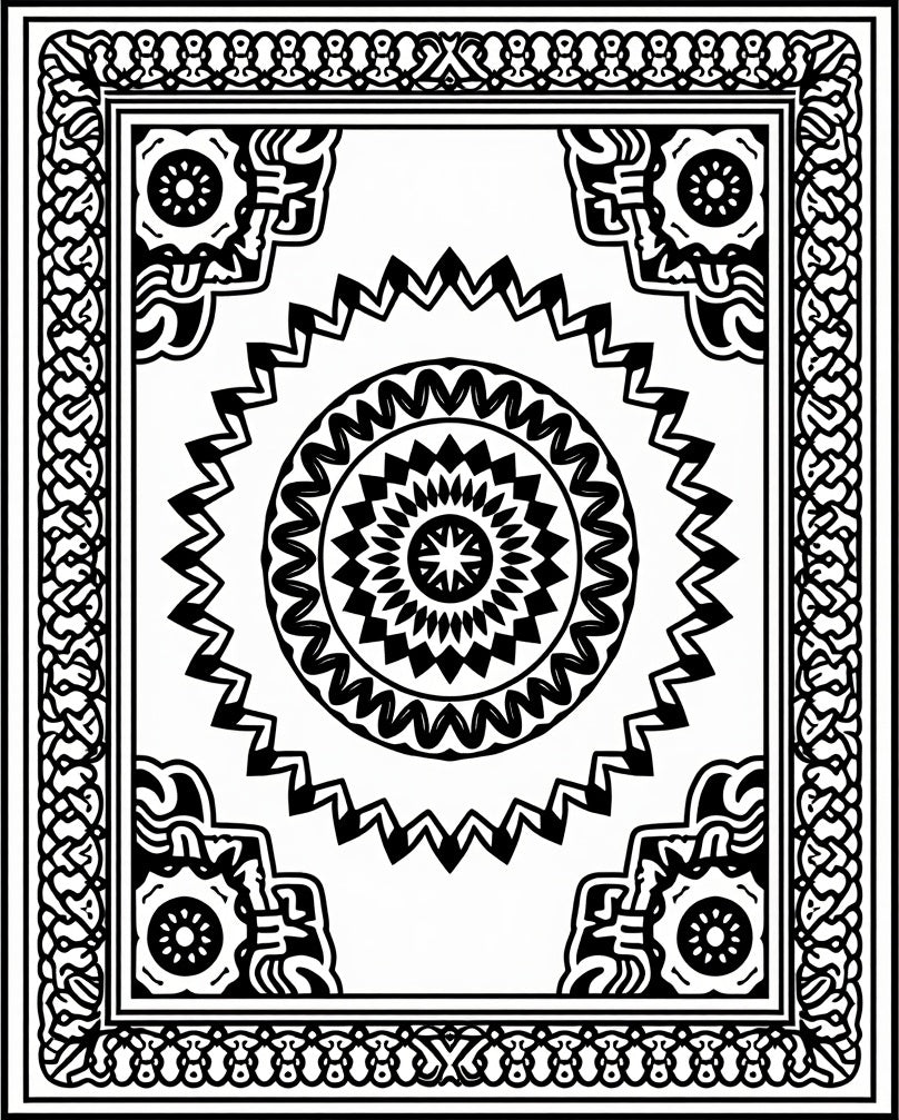 Mandala Sun Geometric Black White Rug