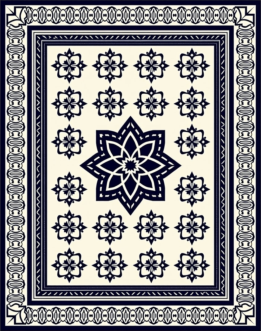 Navy Cream Floral Medallion Border Rug