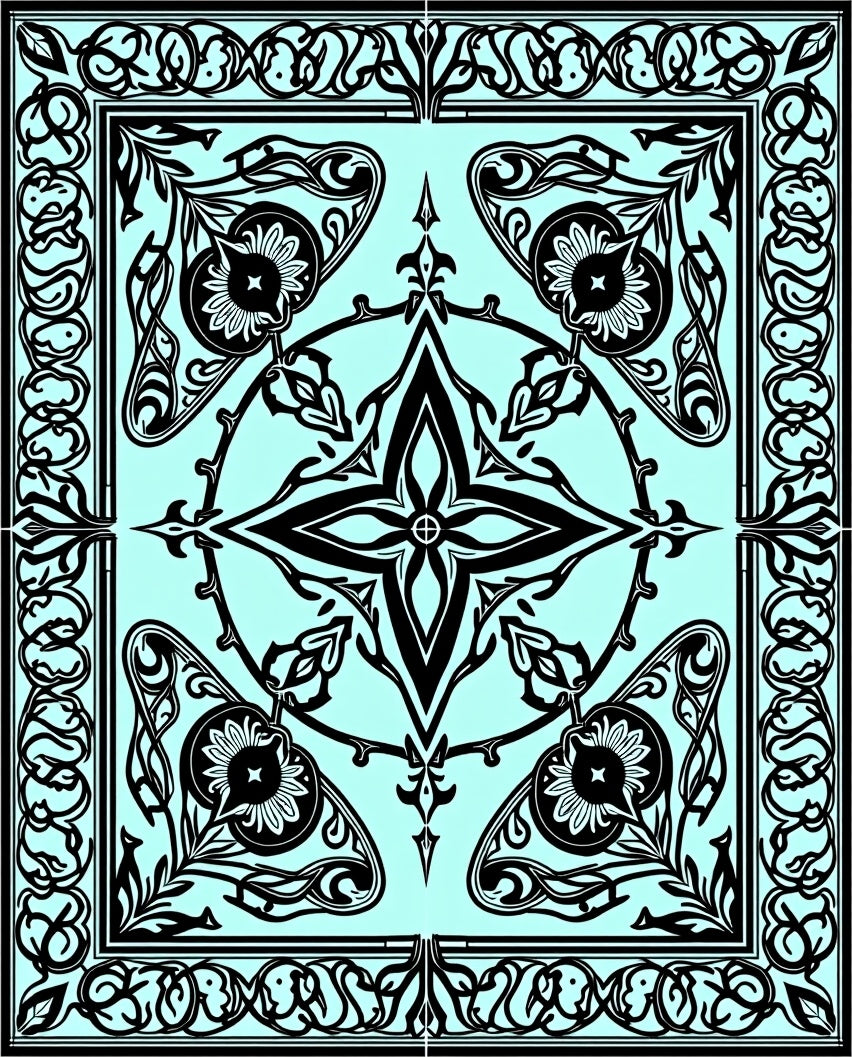 Art Nouveau Black Cyan Floral Medallion Rug