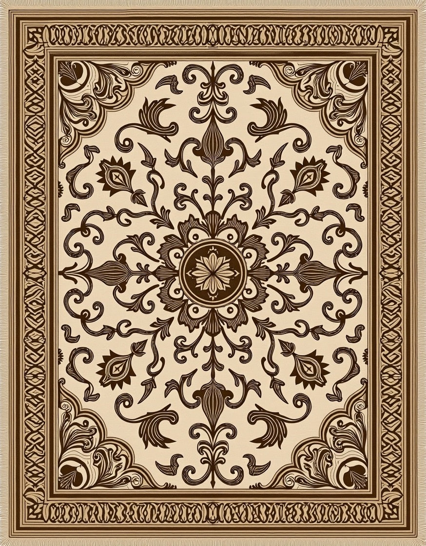 Vintage Cream Brown Floral Medallion Rug