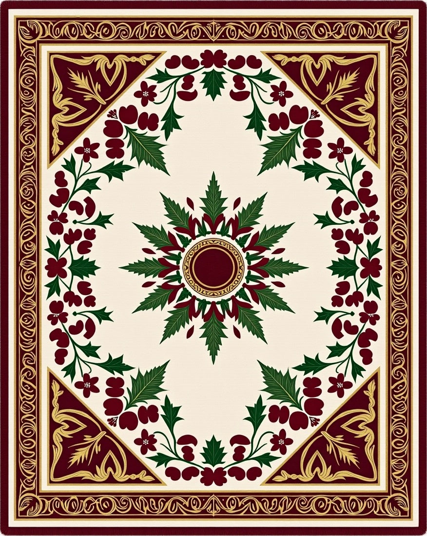 Deep Red Green Leaf Bloom Corner Rug