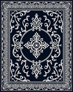 Classic Dark Blue White Floral Medallion Rug