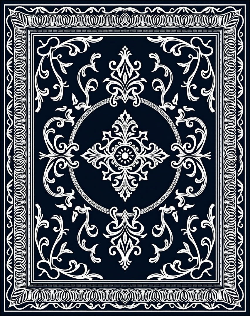 Classic Dark Blue White Floral Medallion Rug