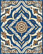 Royal Blue Cream Brown Medallion Tile Rug