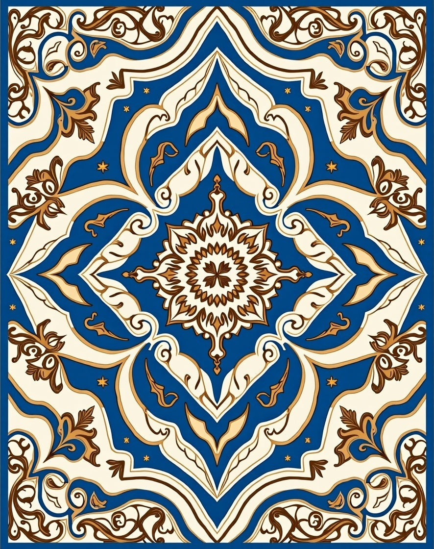 Royal Blue Cream Brown Medallion Tile Rug