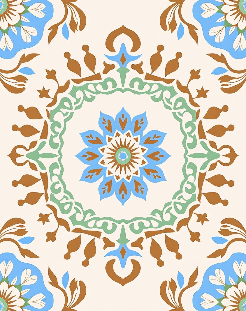 Ivory Blue Floral Medallion Brown Accents Rug