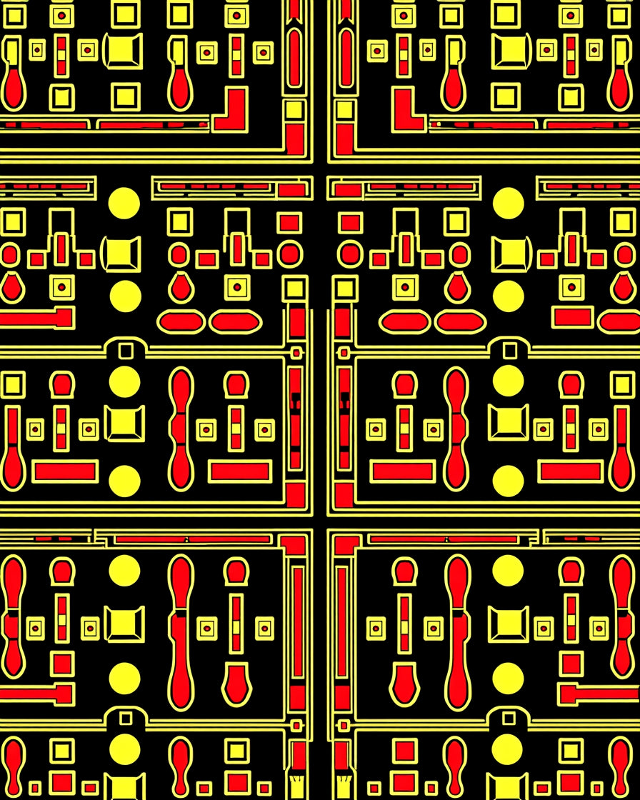 Retro Red Yellow Geometric Circuit Rug