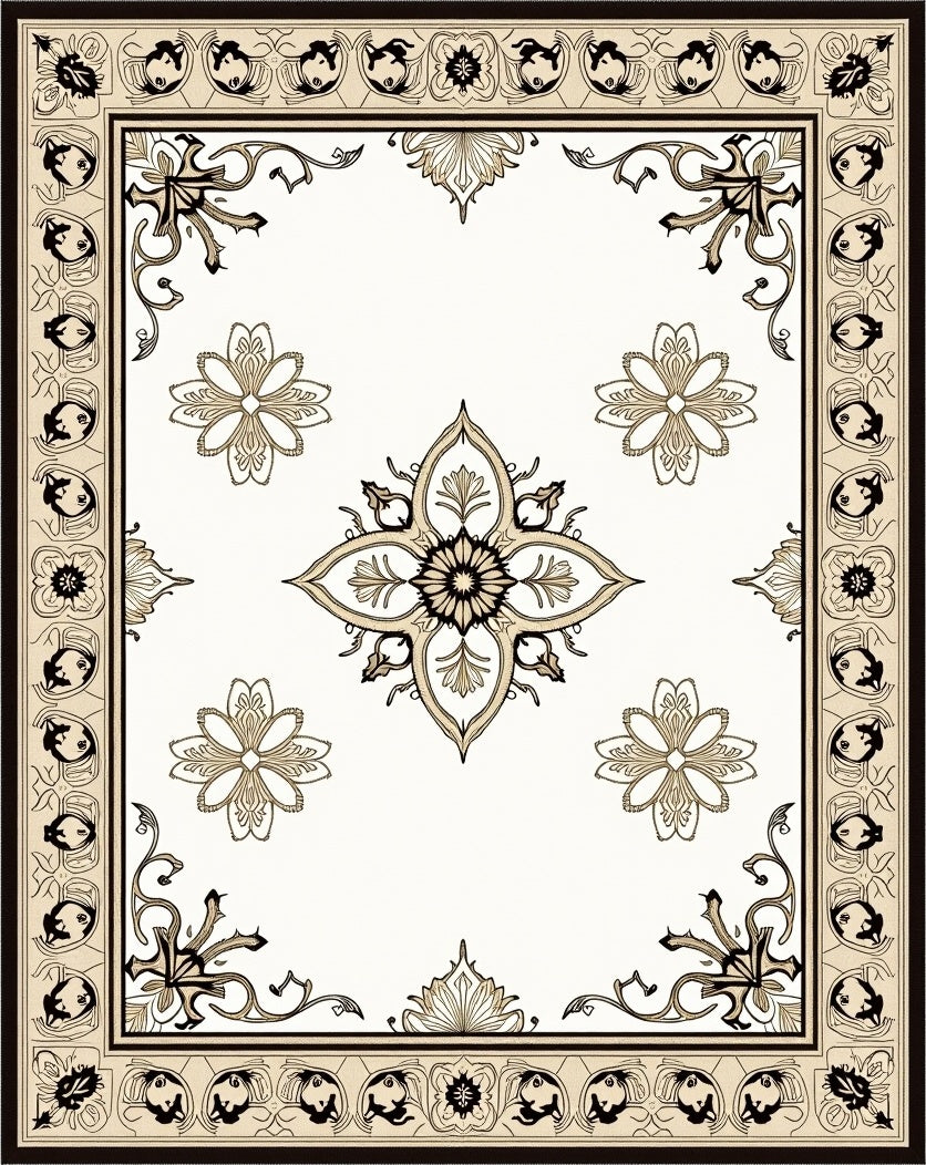Cream and Black Medallion Border Rug