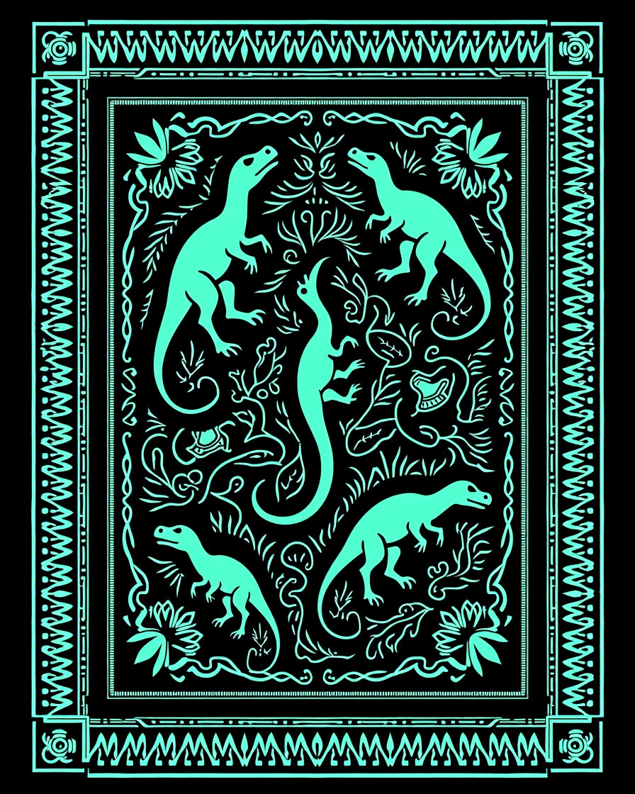 Aqua Dinosaurs Botanical Border Rug