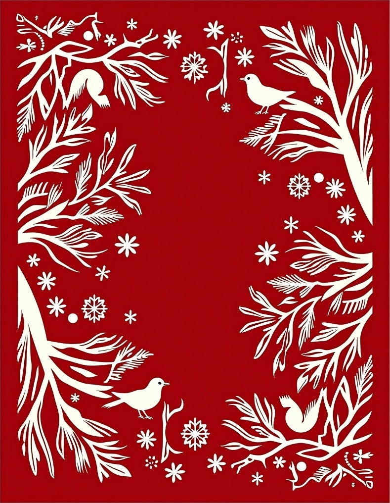 Crimson Winter Birds Snowflakes Border Rug