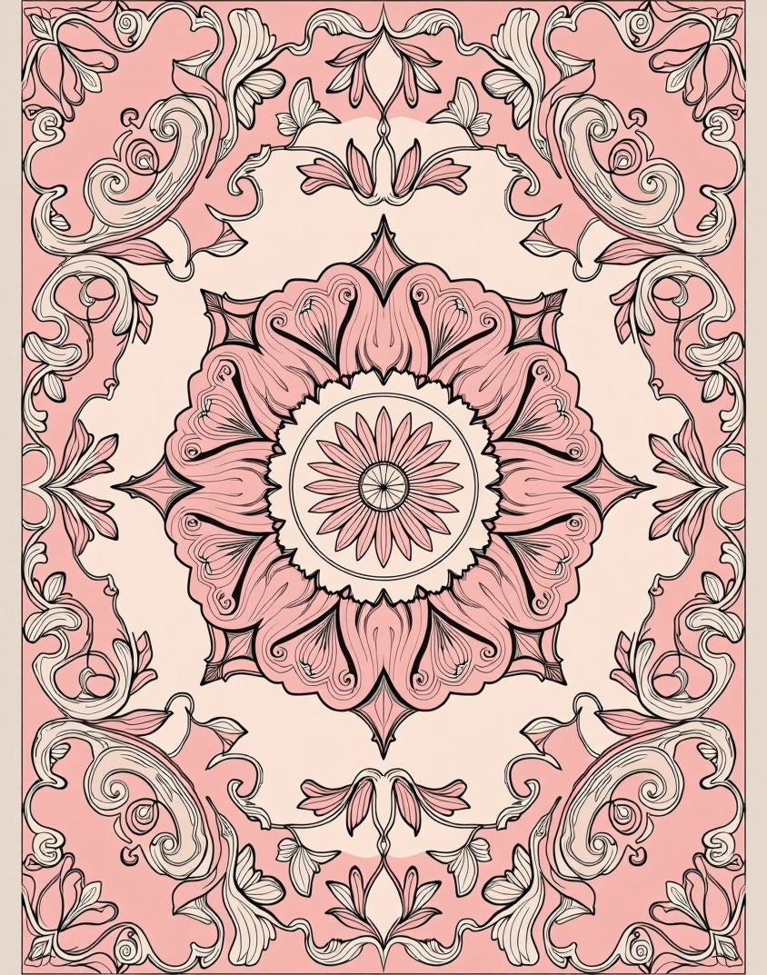 Pink Floral Medallion Scrollwork Rug