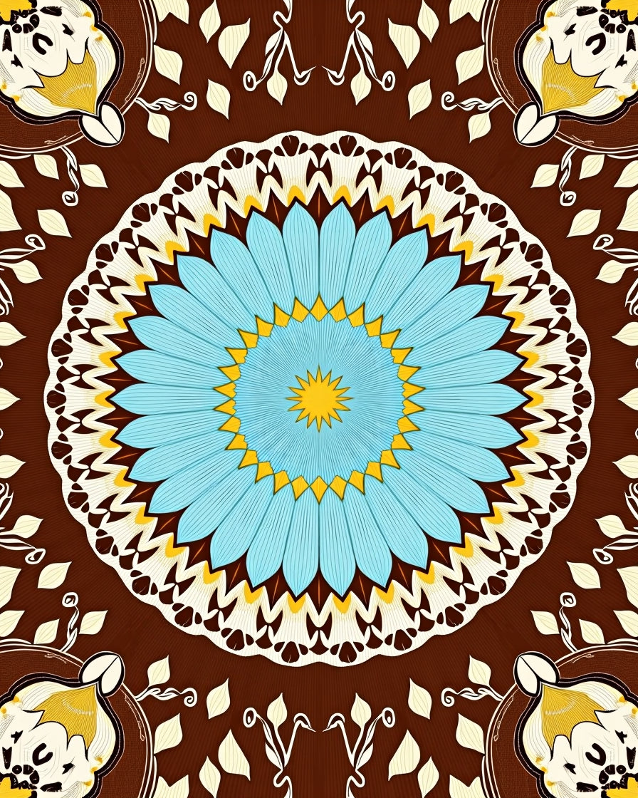 Vibrant Blue Yellow Sunburst Mandala Rug