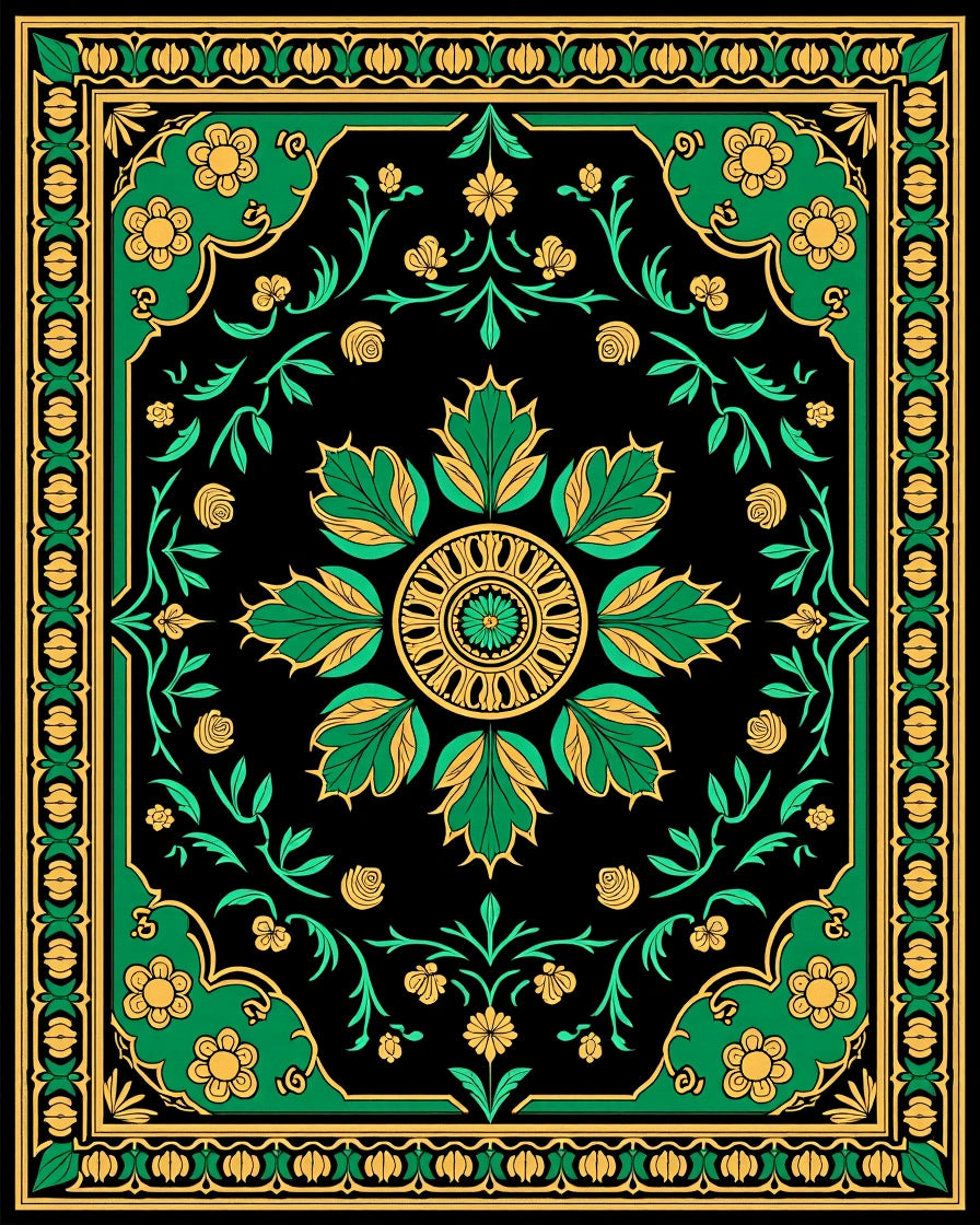 Ornate Emerald Golden Floral Medallion Rug