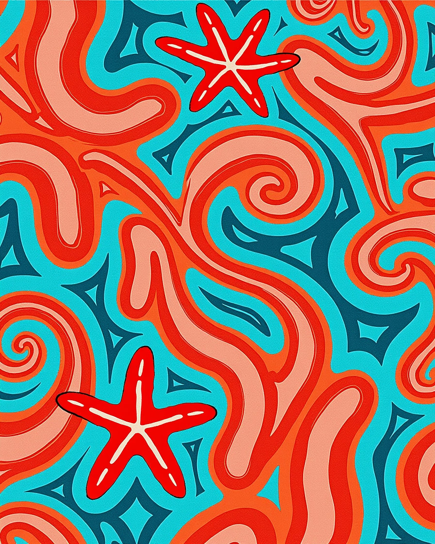 Retro Coral Starfish Swirls Rug