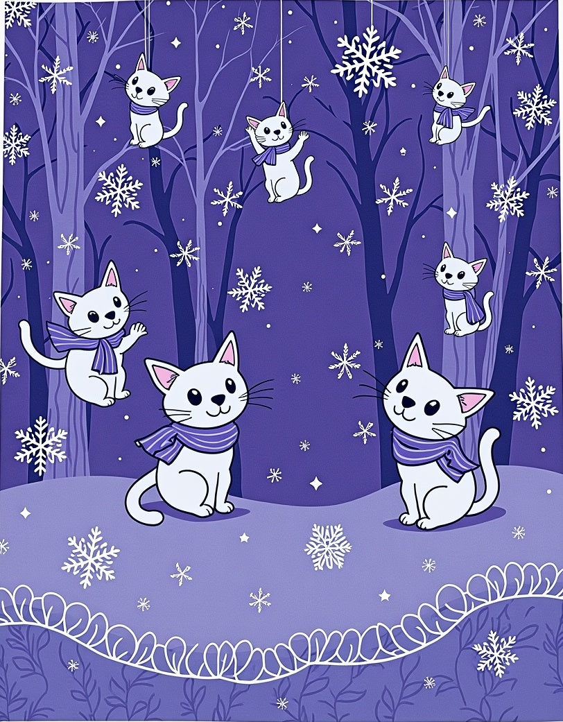 Whimsical Purple Snow Cat Forest Rug