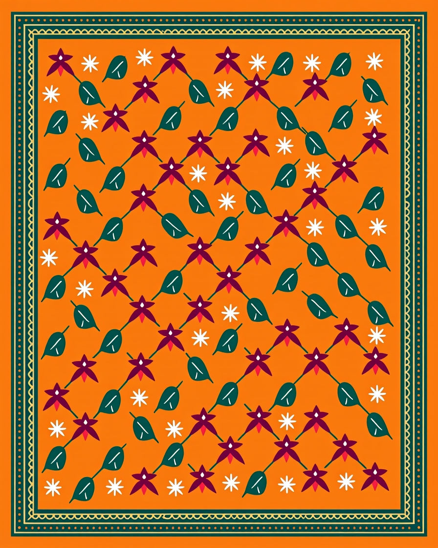 Orange Diamond Flower and Leaf Rug