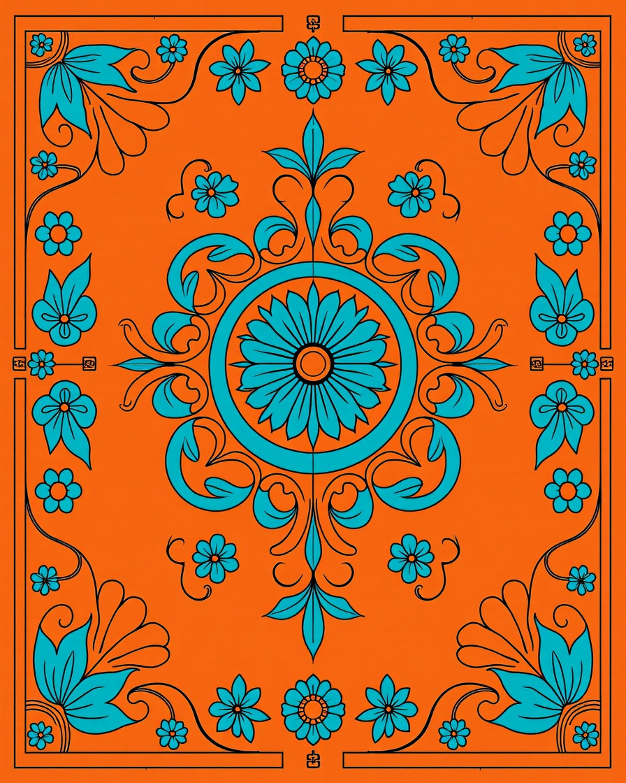 Vibrant Teal Floral Medallion Orange Rug