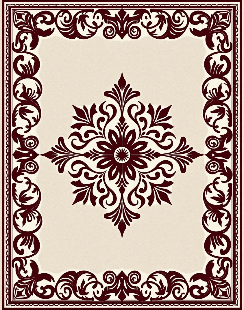 Deep Burgundy Floral Medallion Ivory Rug
