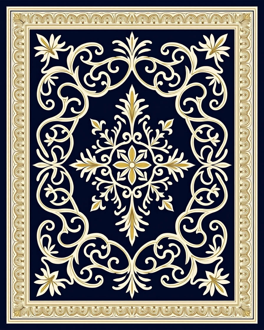 Navy Cream Ornate Scrollwork Medallion Rug